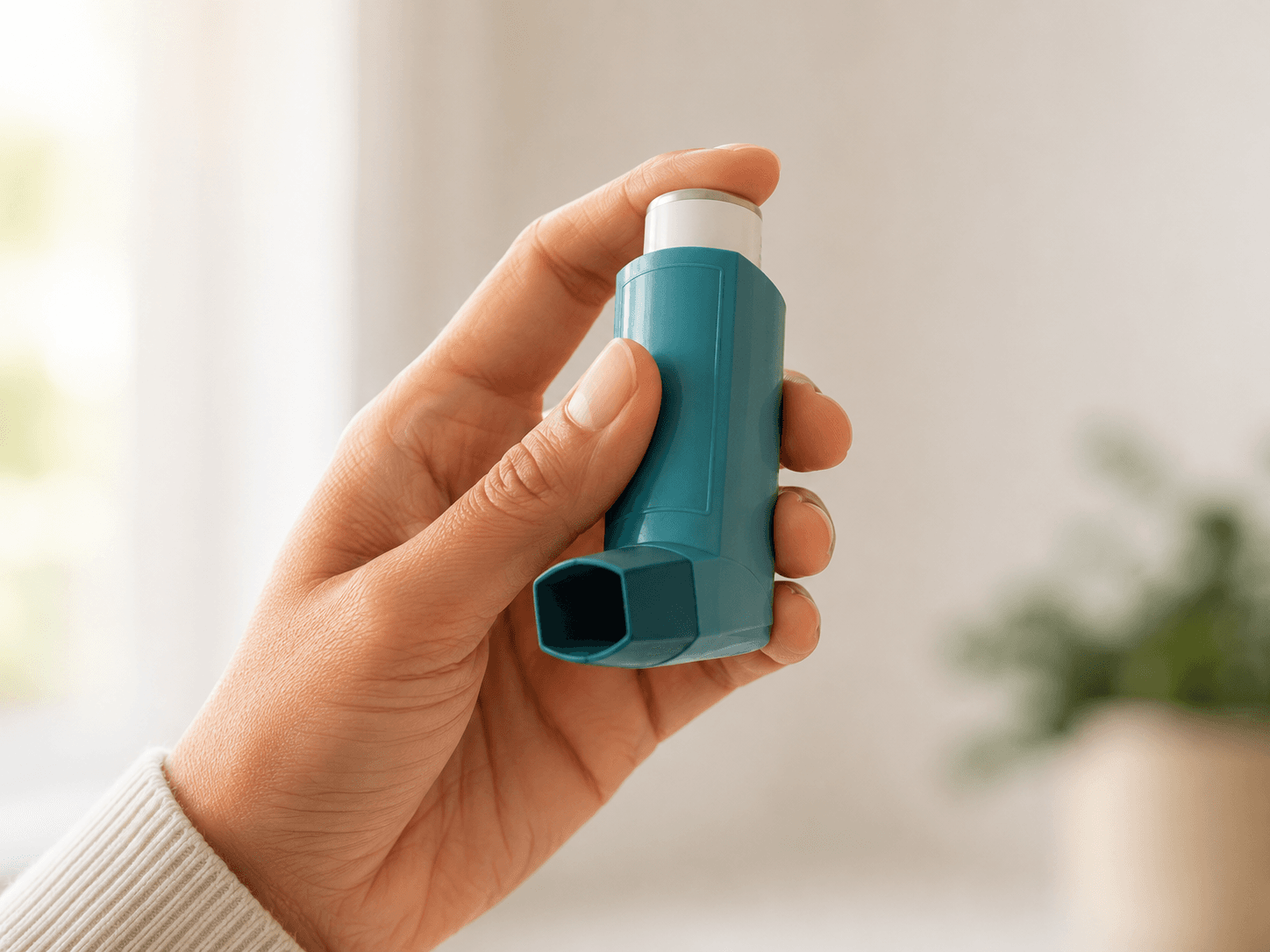 A hand holding an asthma inhaler in soft daylight