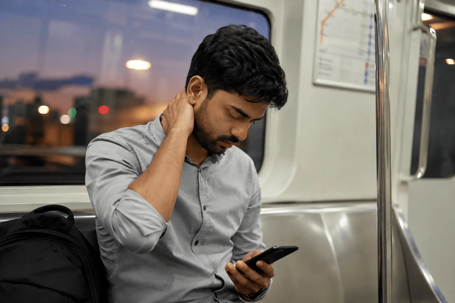 Young professional rubbing his neck while looking down at a phone in a metro