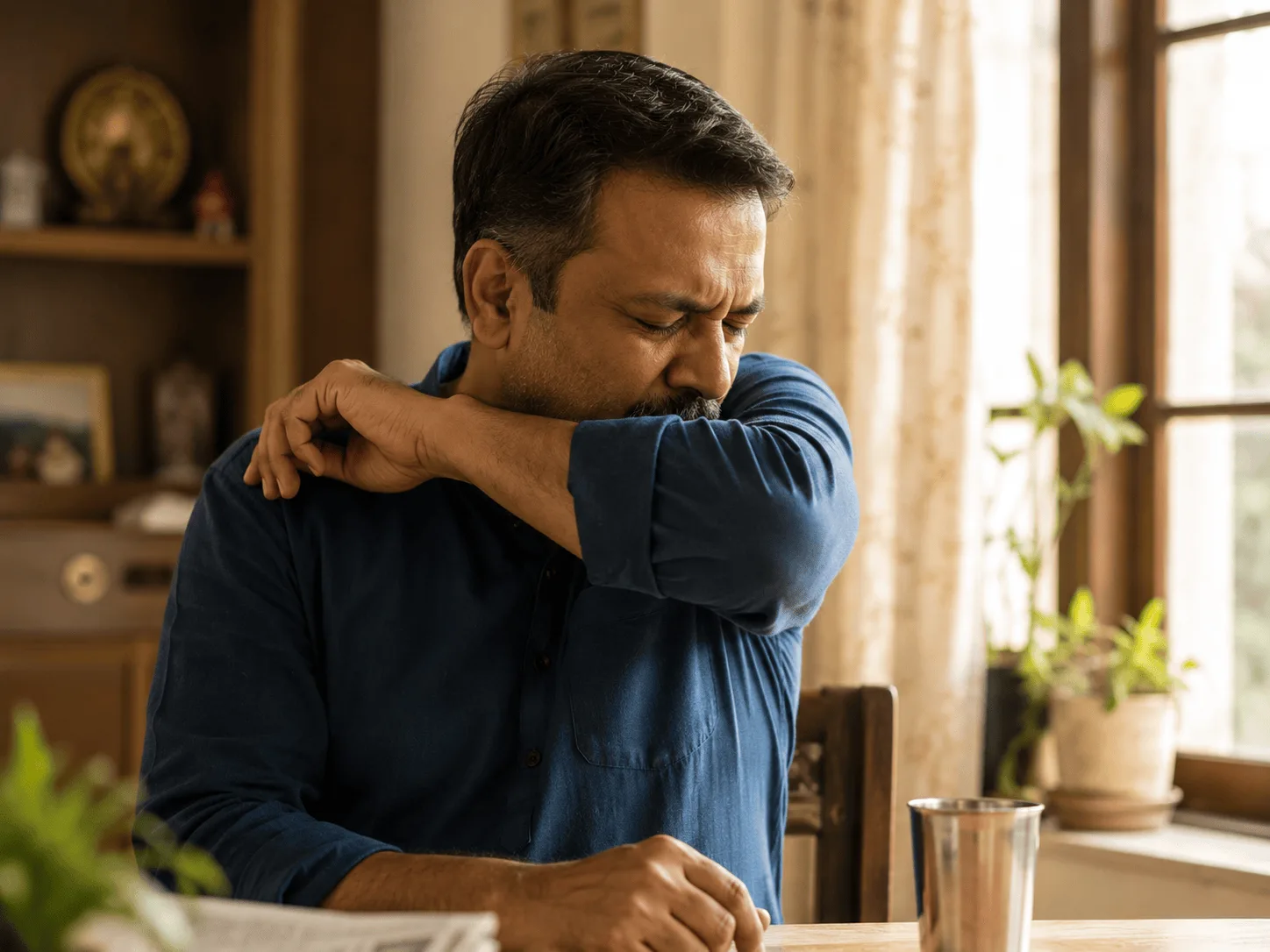 Middle-aged man coughing into his elbow at home with a cup of tea on the table