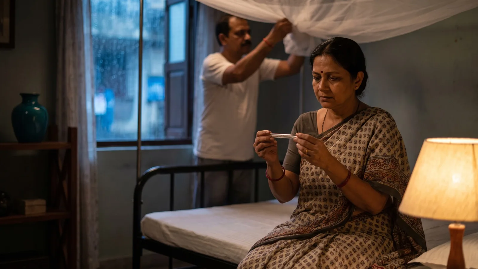 Mother holding a thermometer while father fixes a mosquito net over the bed