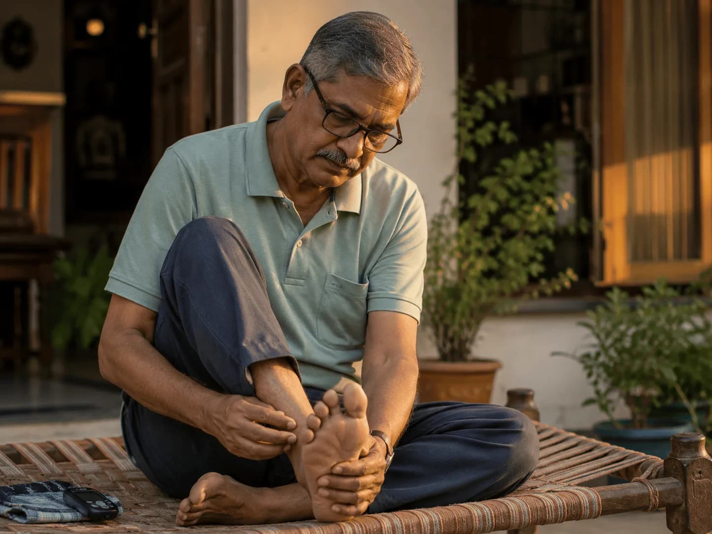 Older man carefully checking the sole of his foot while seated on a charpai