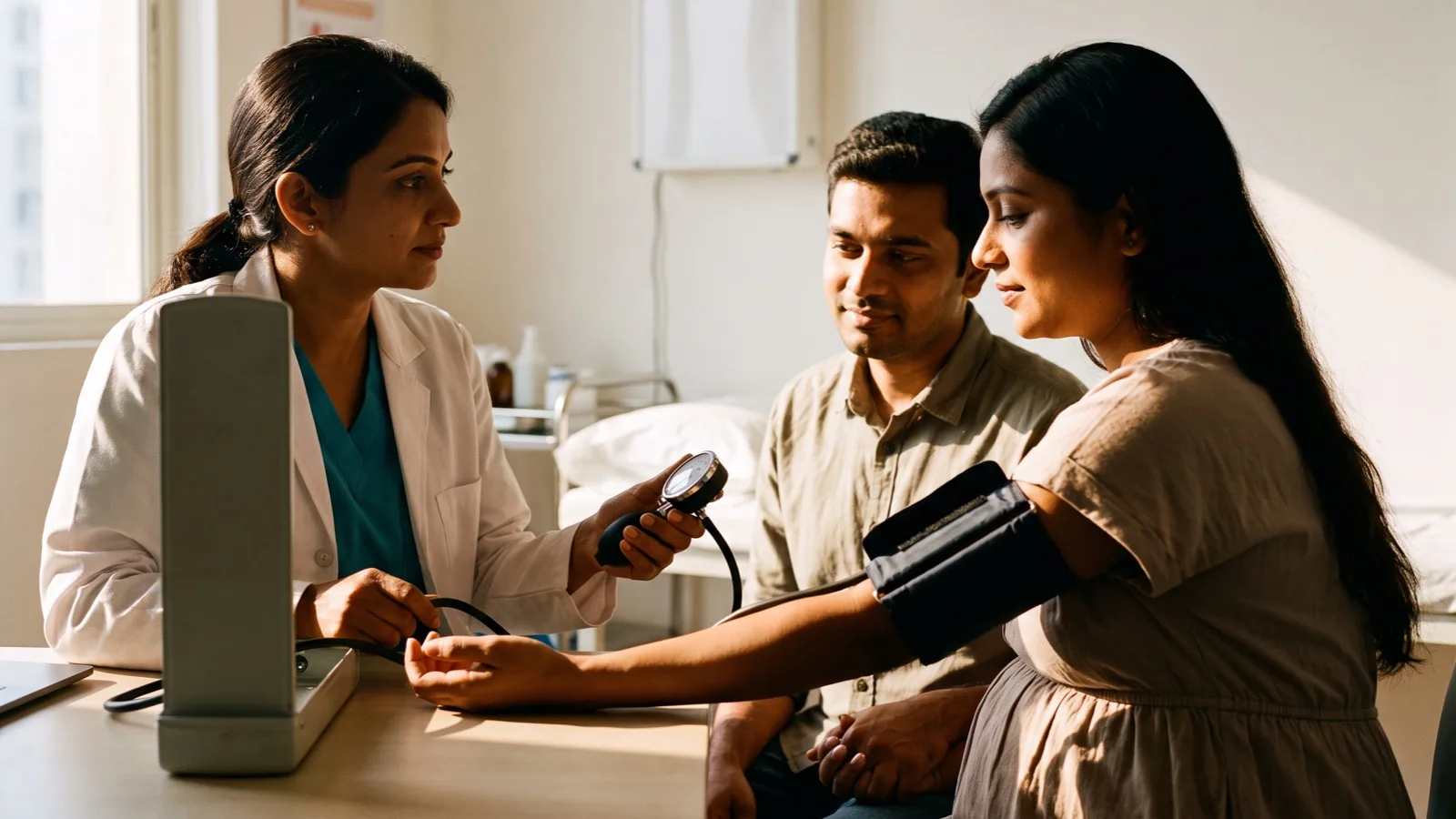 Pregnant woman having her blood pressure checked by a female doctor