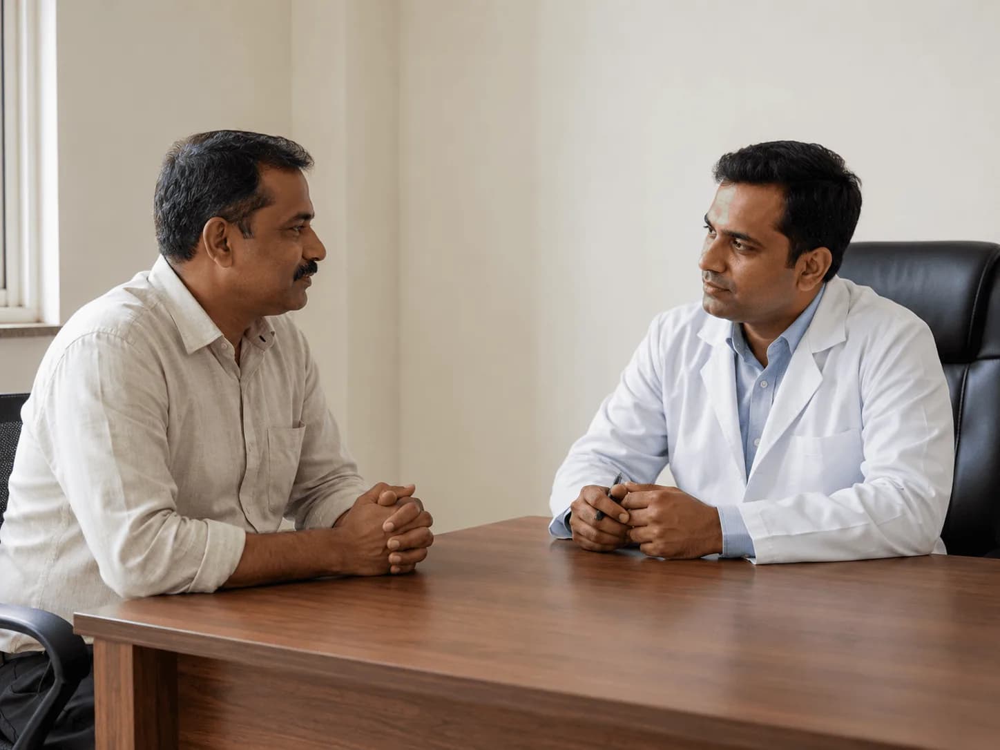 Man in a private consultation with a doctor across a clinic desk