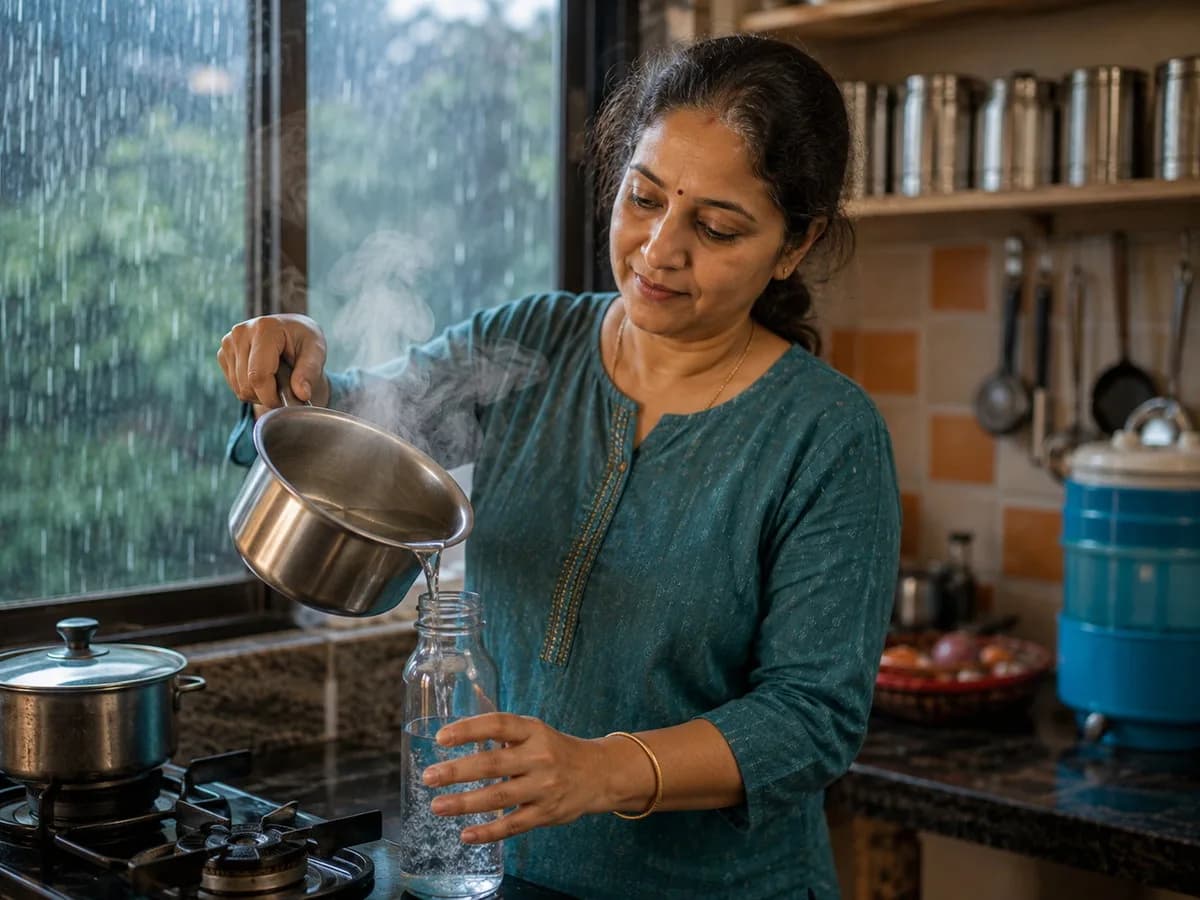 Mother pouring boiled water into a bottle in a home kitchen during rains