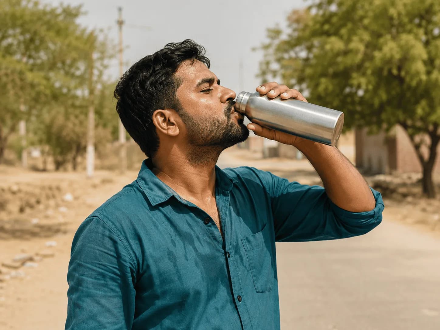 Man drinking water from a steel bottle under the harsh afternoon summer sun in Haryana
