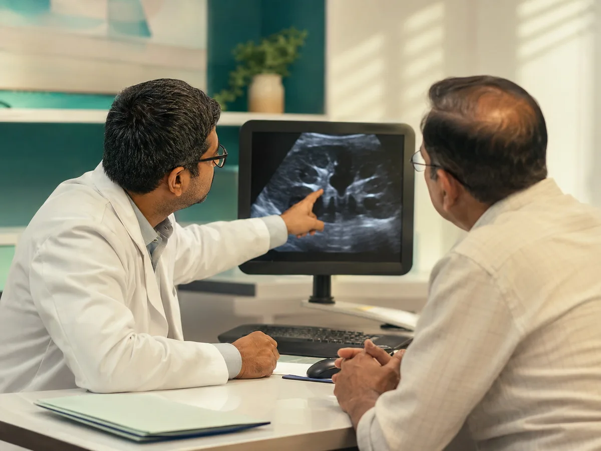 Doctor gesturing toward an ultrasound image on a monitor while explaining it to a seated patient