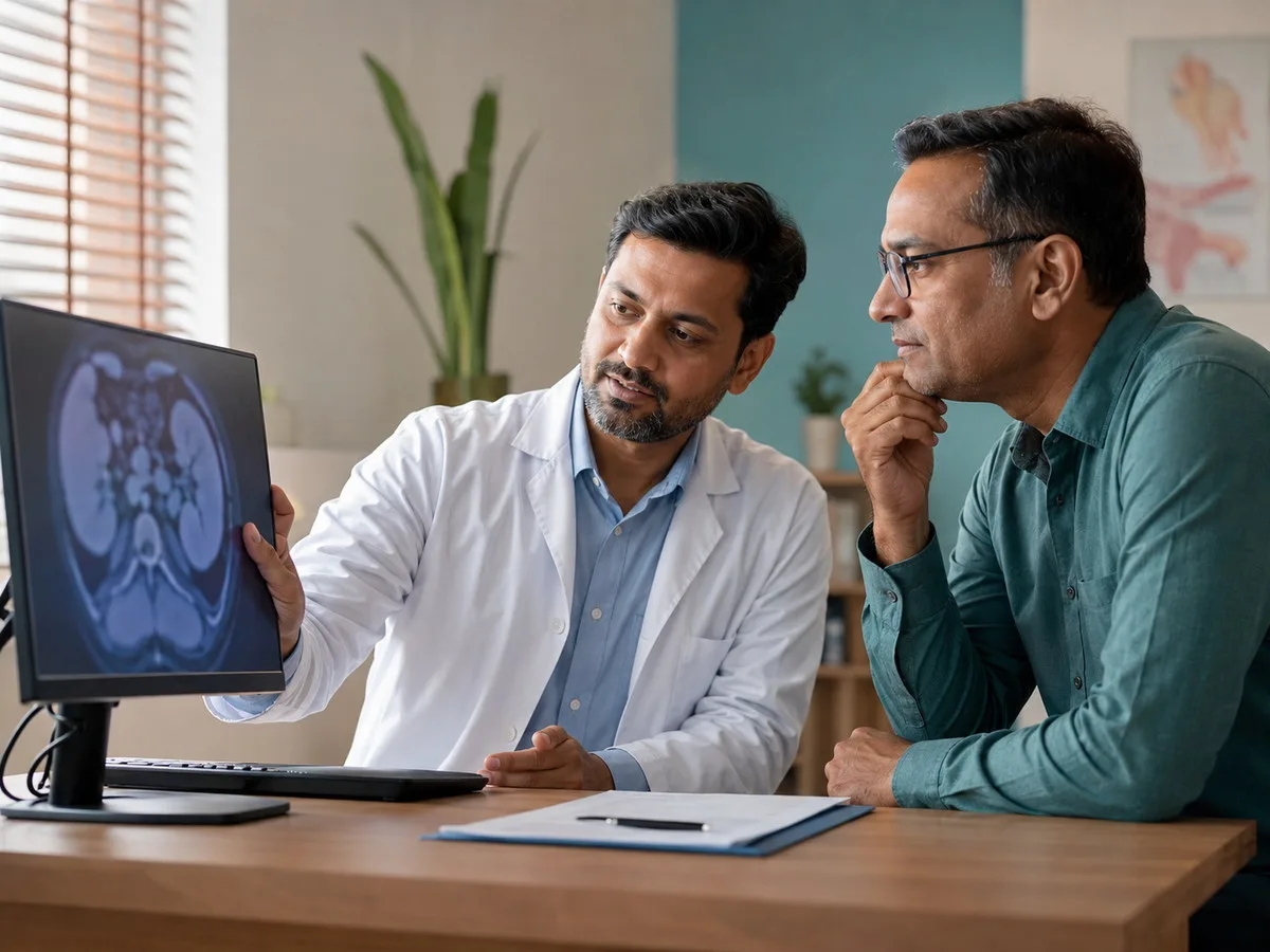 Doctor explaining a scan to a male patient in a consulting room