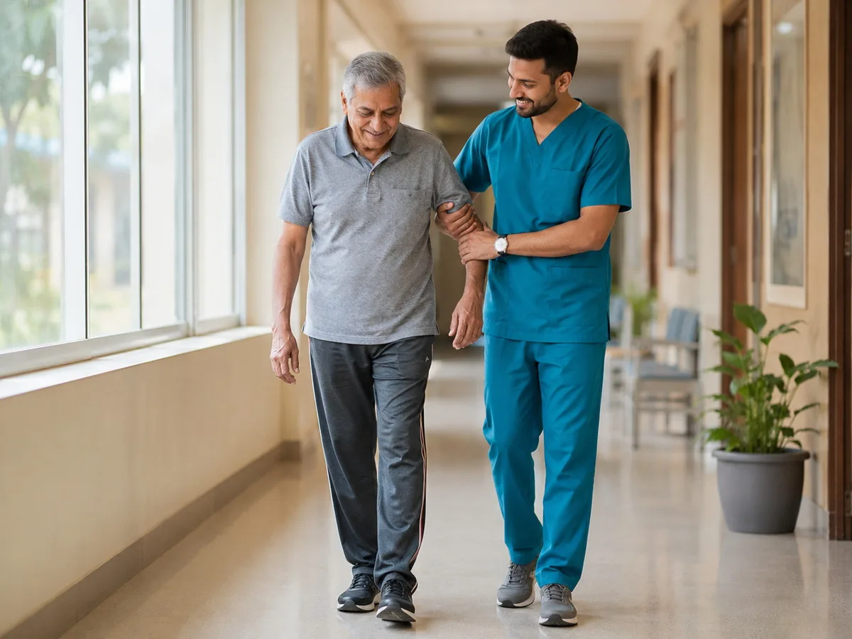 Older patient walking with a physiotherapist in a bright hospital corridor