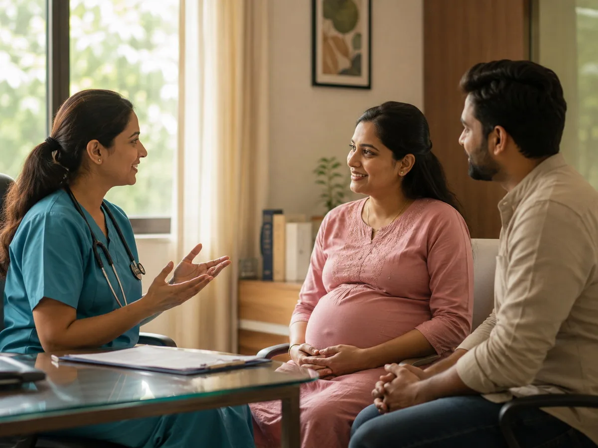 Expectant mother consulting a female doctor in a warm OPD room