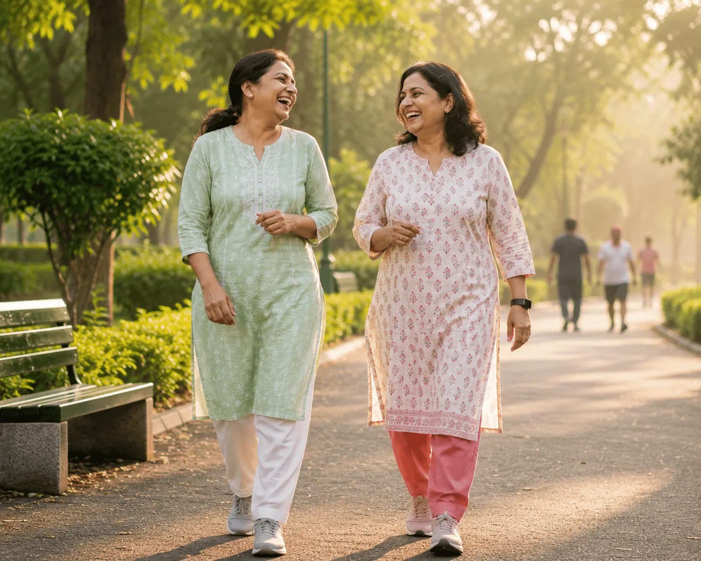 Two women laughing together on a morning walk in a park