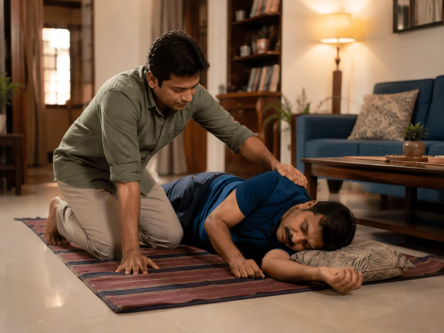 Person kneeling beside an adult lying safely on their side on a floor mat at home