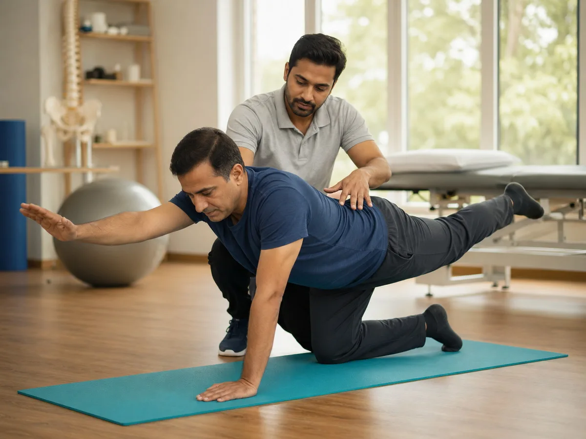Physiotherapist guiding a man through a back exercise in a clinic