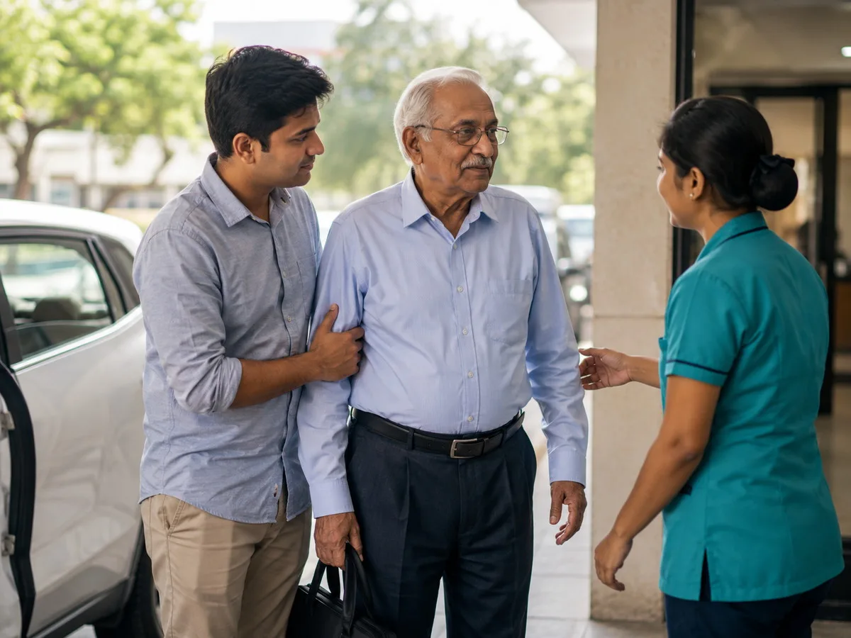 Son supporting his elderly father at a hospital entrance