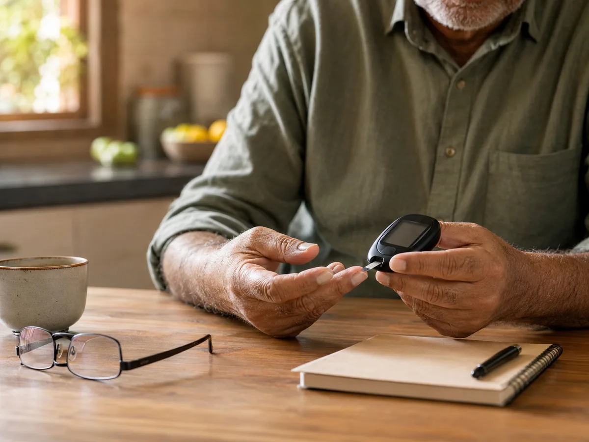 Older man's hands using a glucometer at a kitchen table in morning light