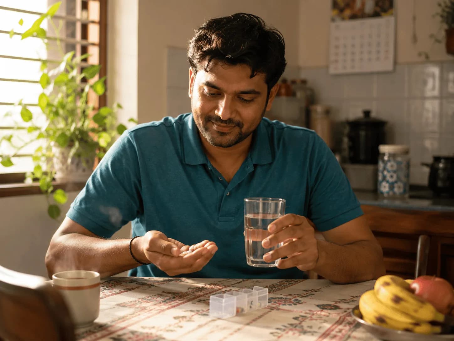 Man taking his morning medicines with water at a sunlit kitchen table