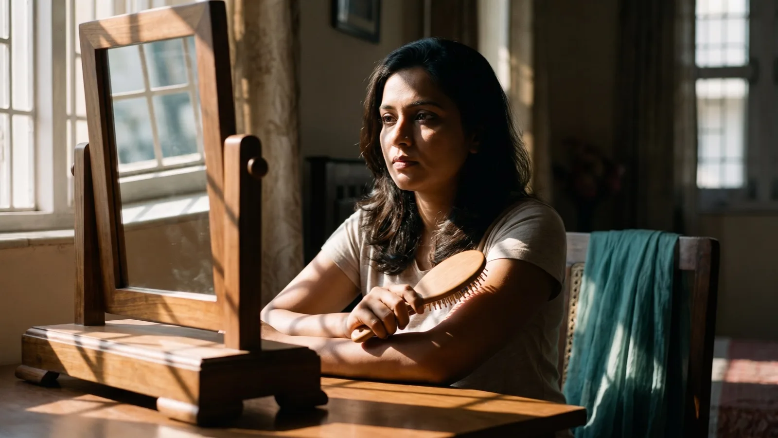 Woman pausing thoughtfully at a mirror with a hairbrush in morning light