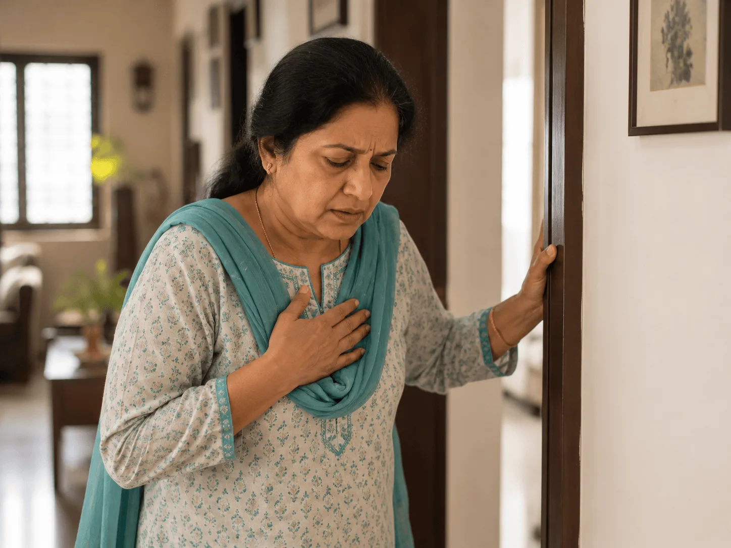 Older woman steadying herself against a doorframe at home