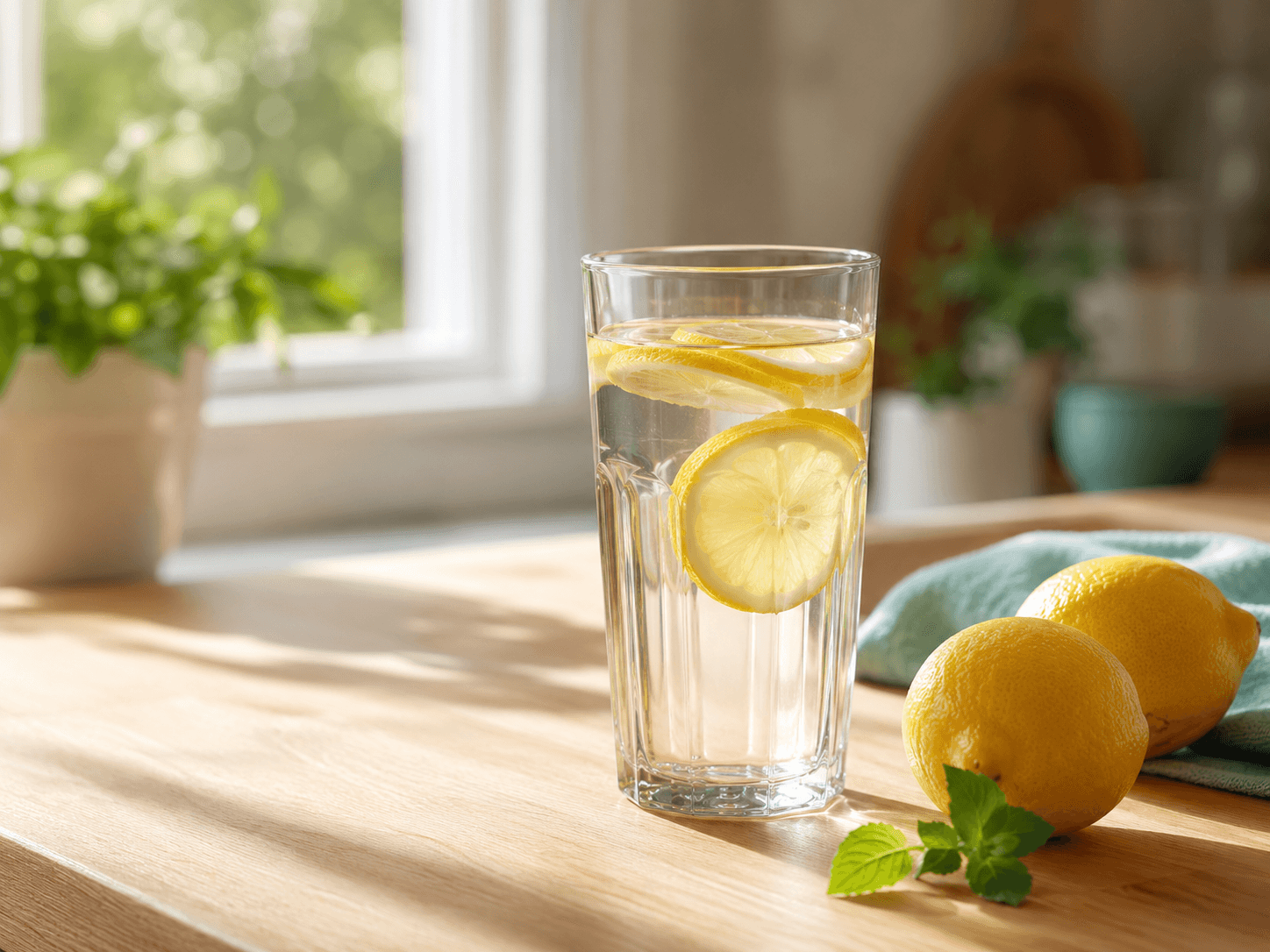 A glass of water with fresh lemon on a sunlit kitchen counter
