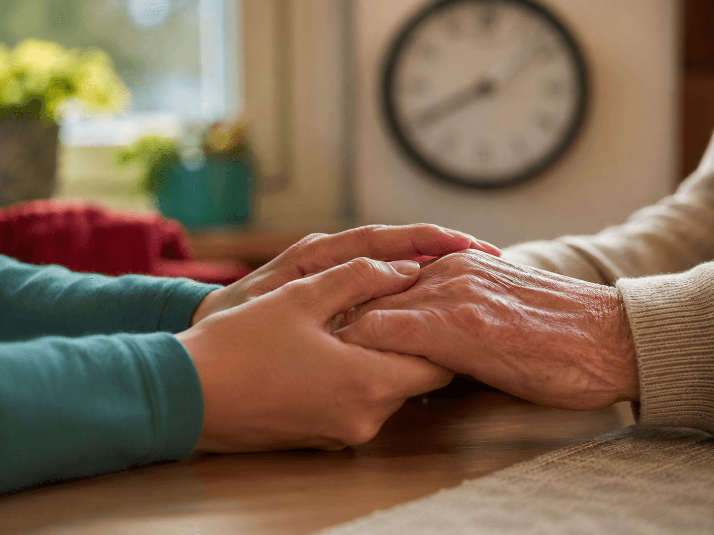Younger hands holding an older person's hands, a clock softly out of focus behind