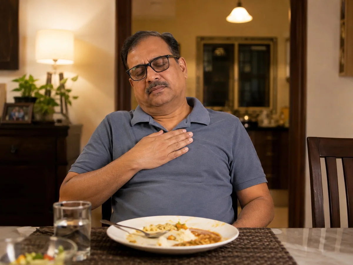 Middle-aged man sitting back from a late dinner with a hand resting on his upper chest