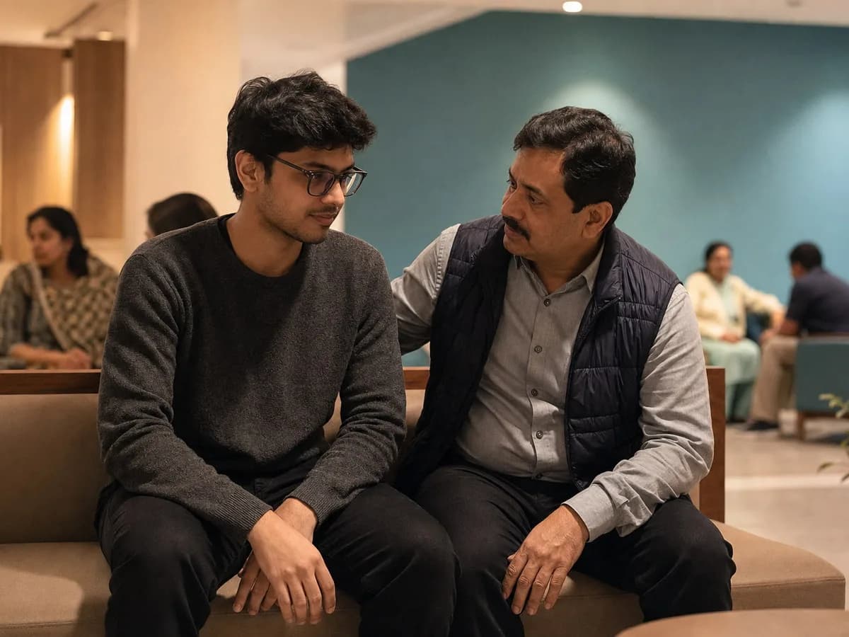 Young man waiting with a family member in a hospital reception at night