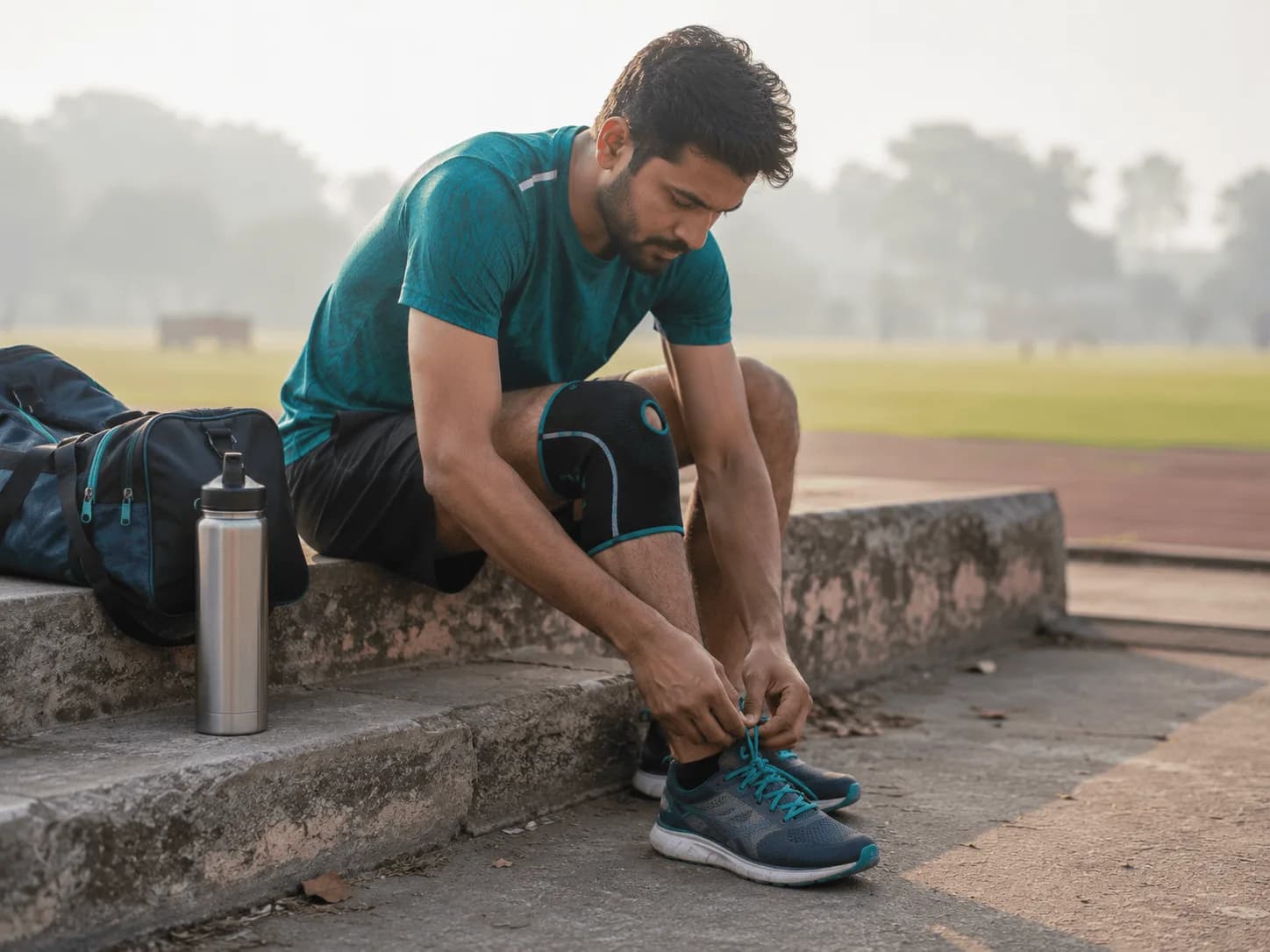 Young sportsman with a knee support sleeve lacing shoes at the edge of a ground