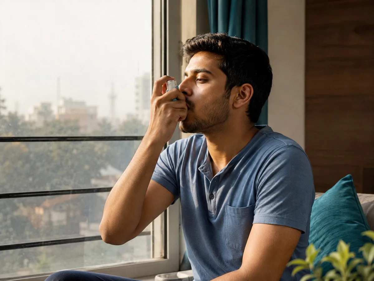 Young adult using an inhaler at home in soft daylight