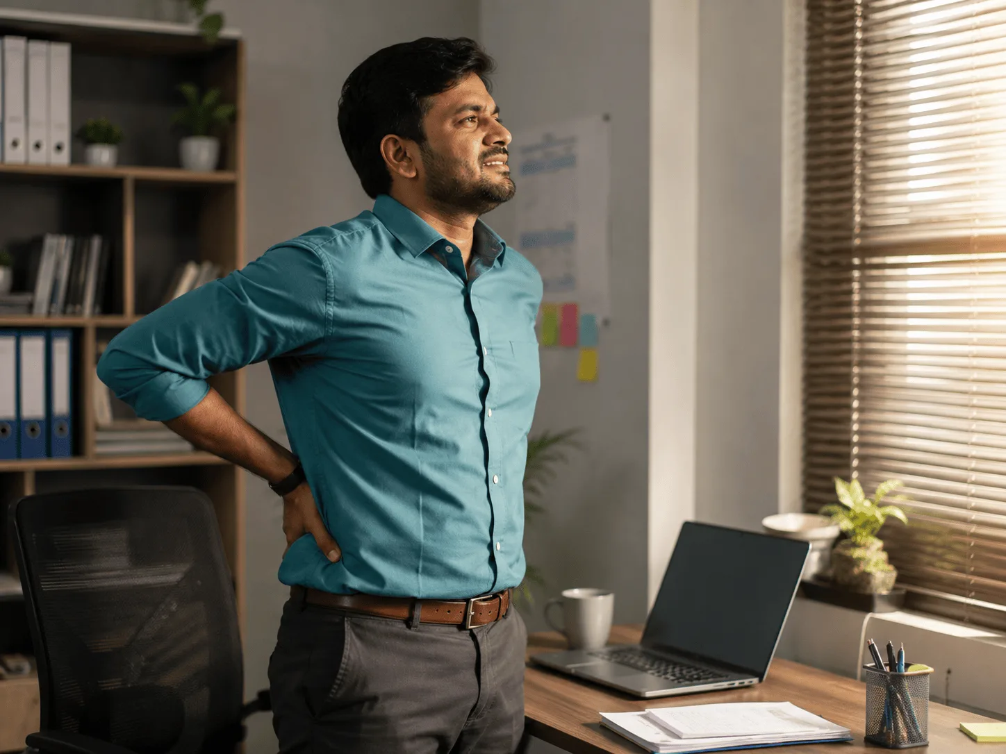 Office worker stretching with hands on lower back beside a laptop desk