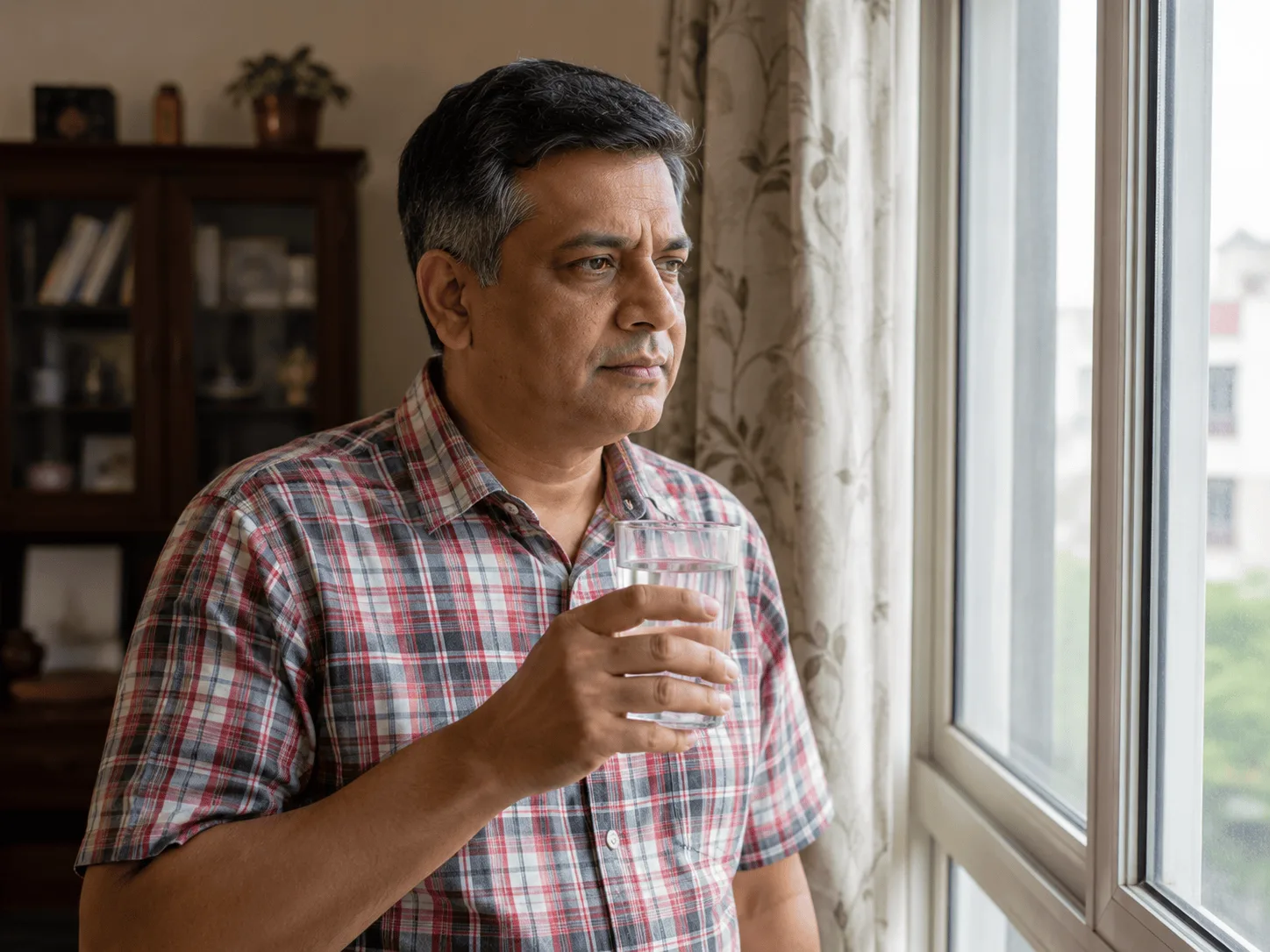 Man in his fifties holding a glass of water, thinking, by a bright window