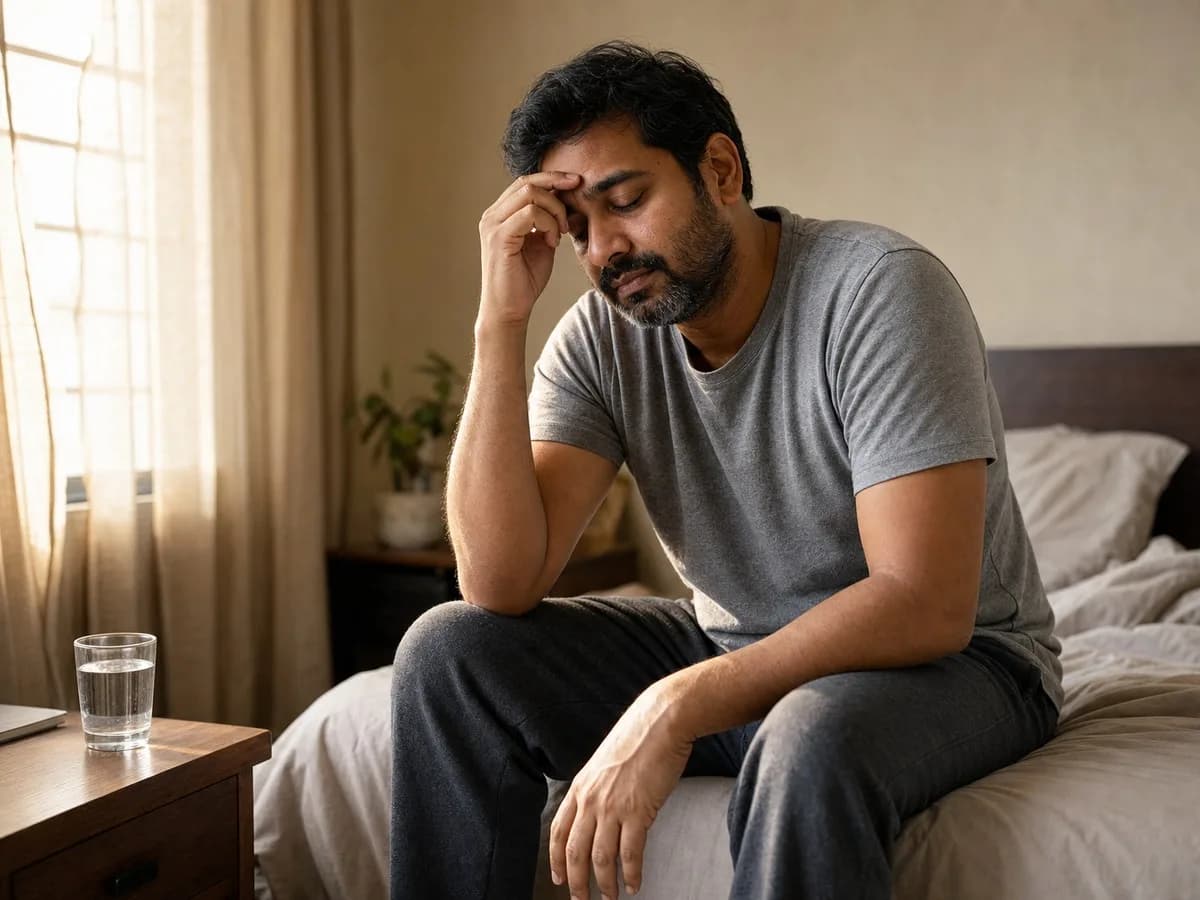 Man sitting on the edge of a bed at dawn holding his forehead