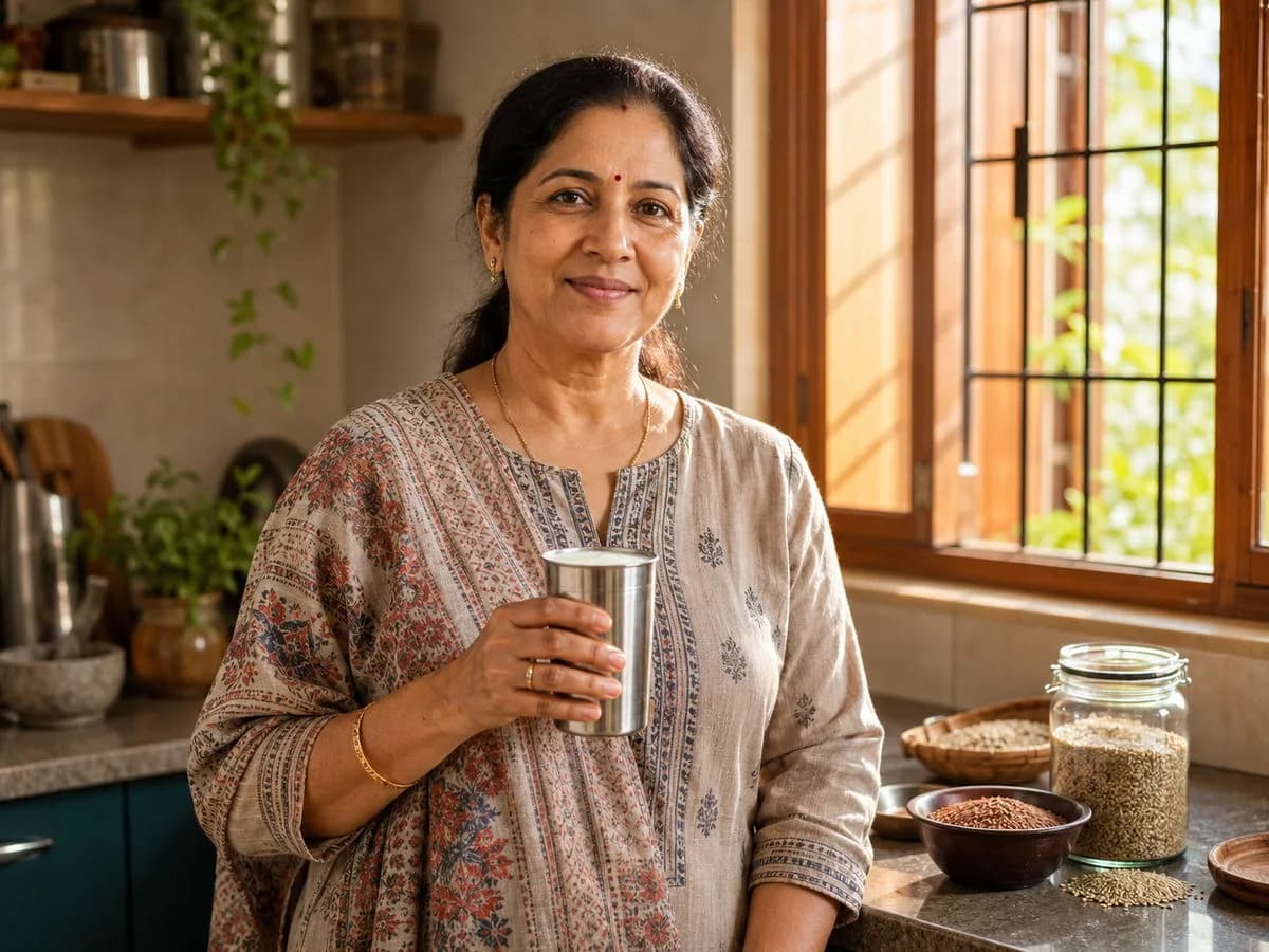 Woman in her fifties holding a steel glass of milk in a sunlit kitchen