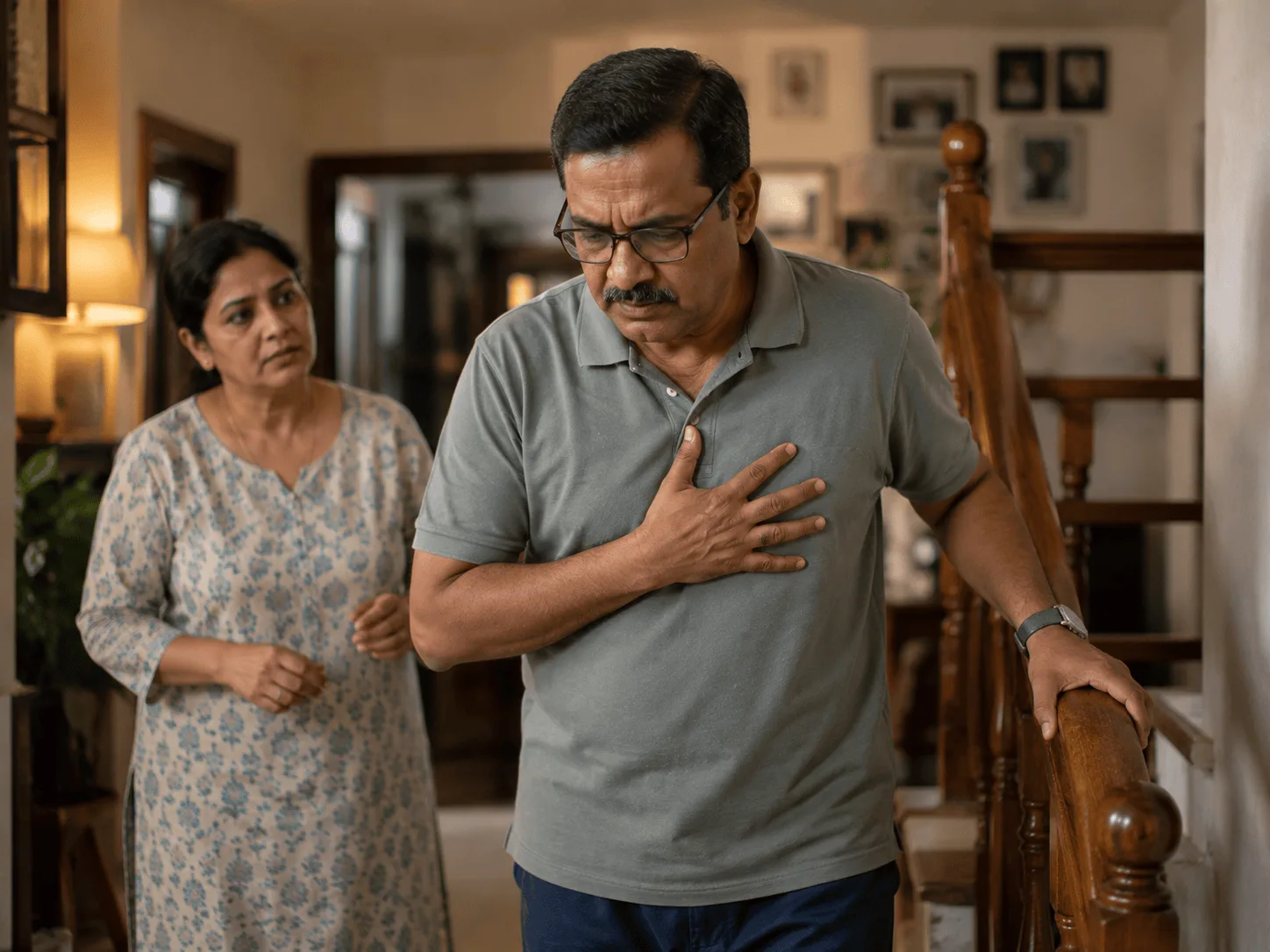 Man pausing near a staircase with a hand on his chest as his wife looks on