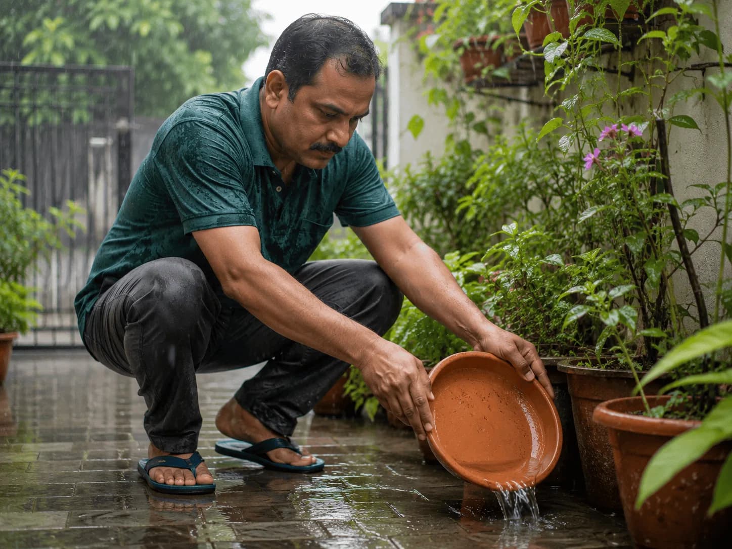 Person emptying a water-filled flowerpot saucer in a courtyard during monsoon rain