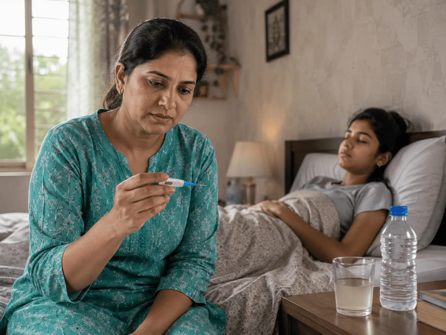 Mother checking a thermometer at the bedside of a resting teenager with ORS nearby
