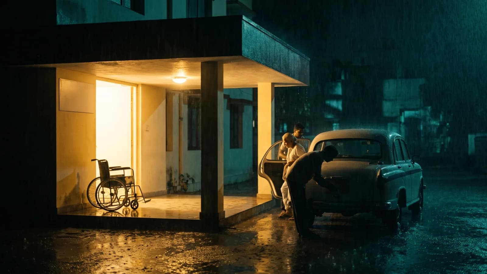 Family arriving by car at a warmly lit hospital entrance at night