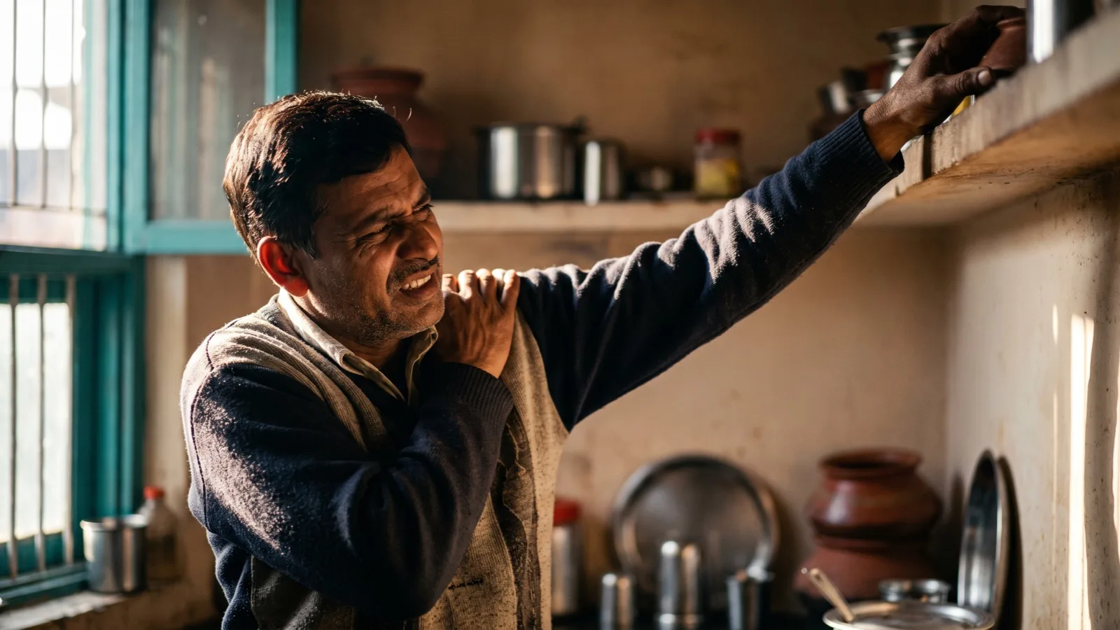Man reaching with difficulty toward a high shelf while holding his shoulder