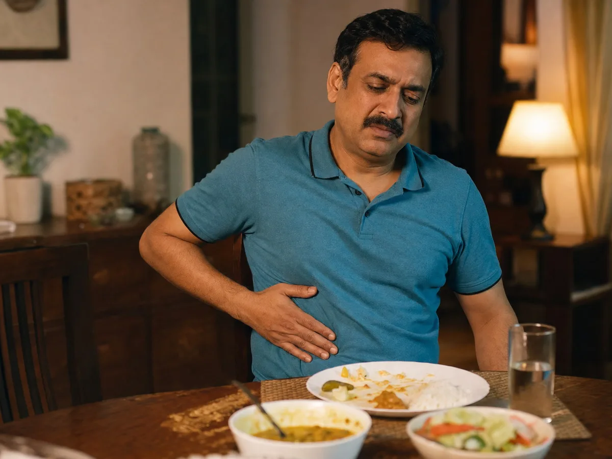 Man in his forties at a dining table pressing a hand under his right ribs after a meal