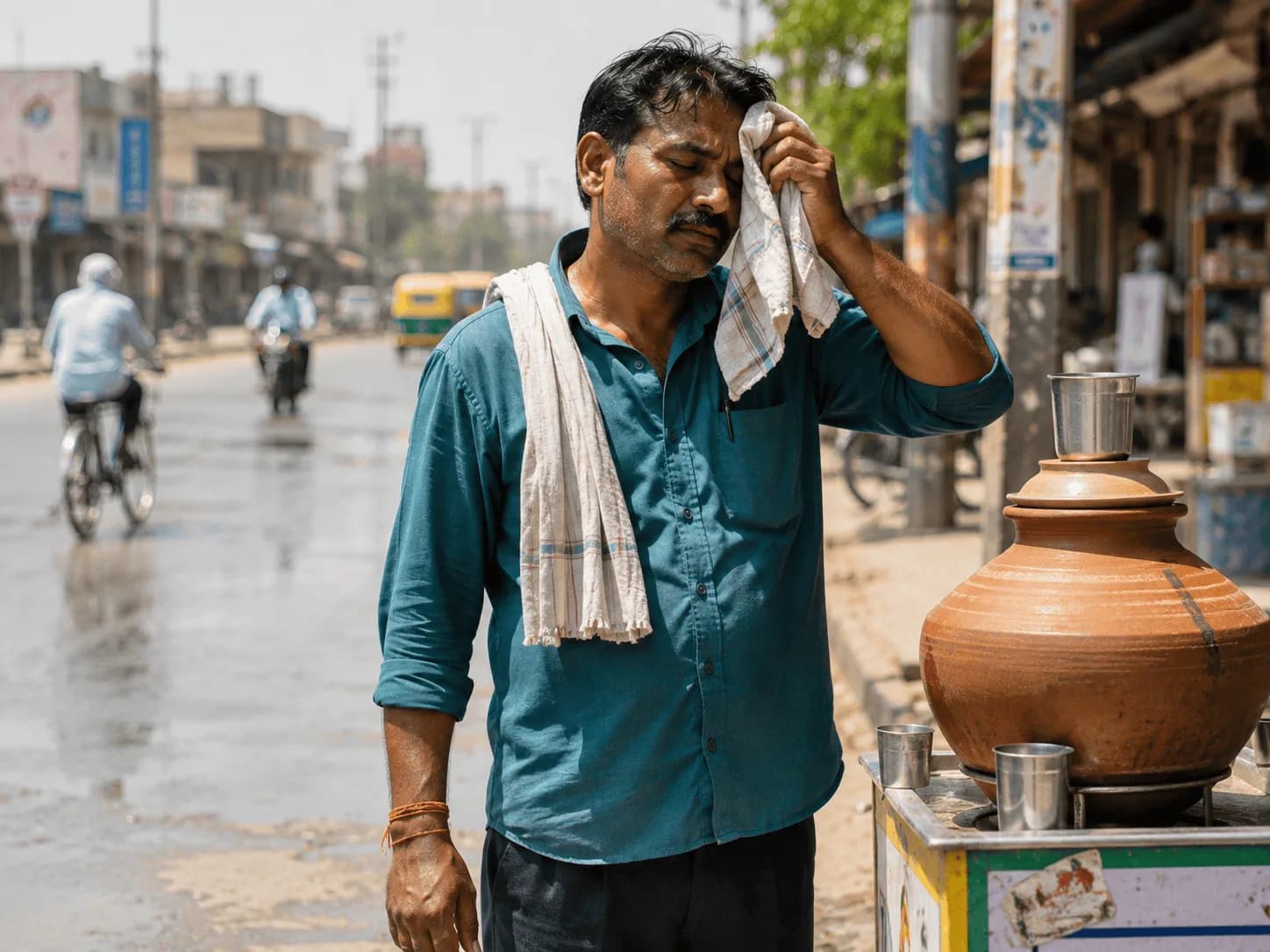Man wiping his forehead with a gamchha near a water pitcher stand on a hot summer street