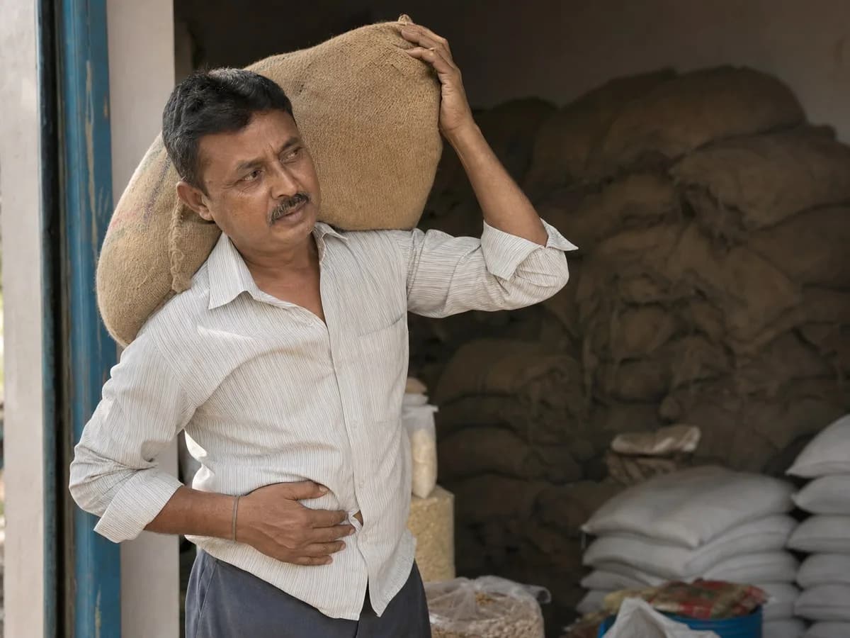 Man in his fifties pausing while lifting a heavy sack at work, hand braced low on his abdomen