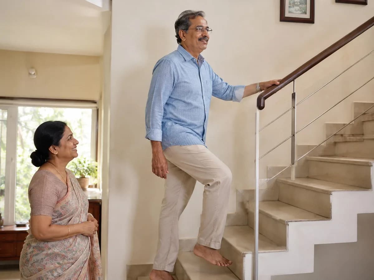 Older man walking confidently up a staircase at home as his wife watches