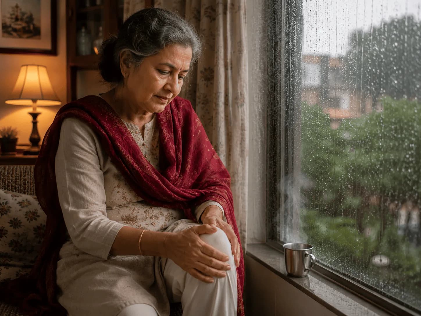 Elderly woman gently massaging her knee by a rain-streaked window with chai nearby