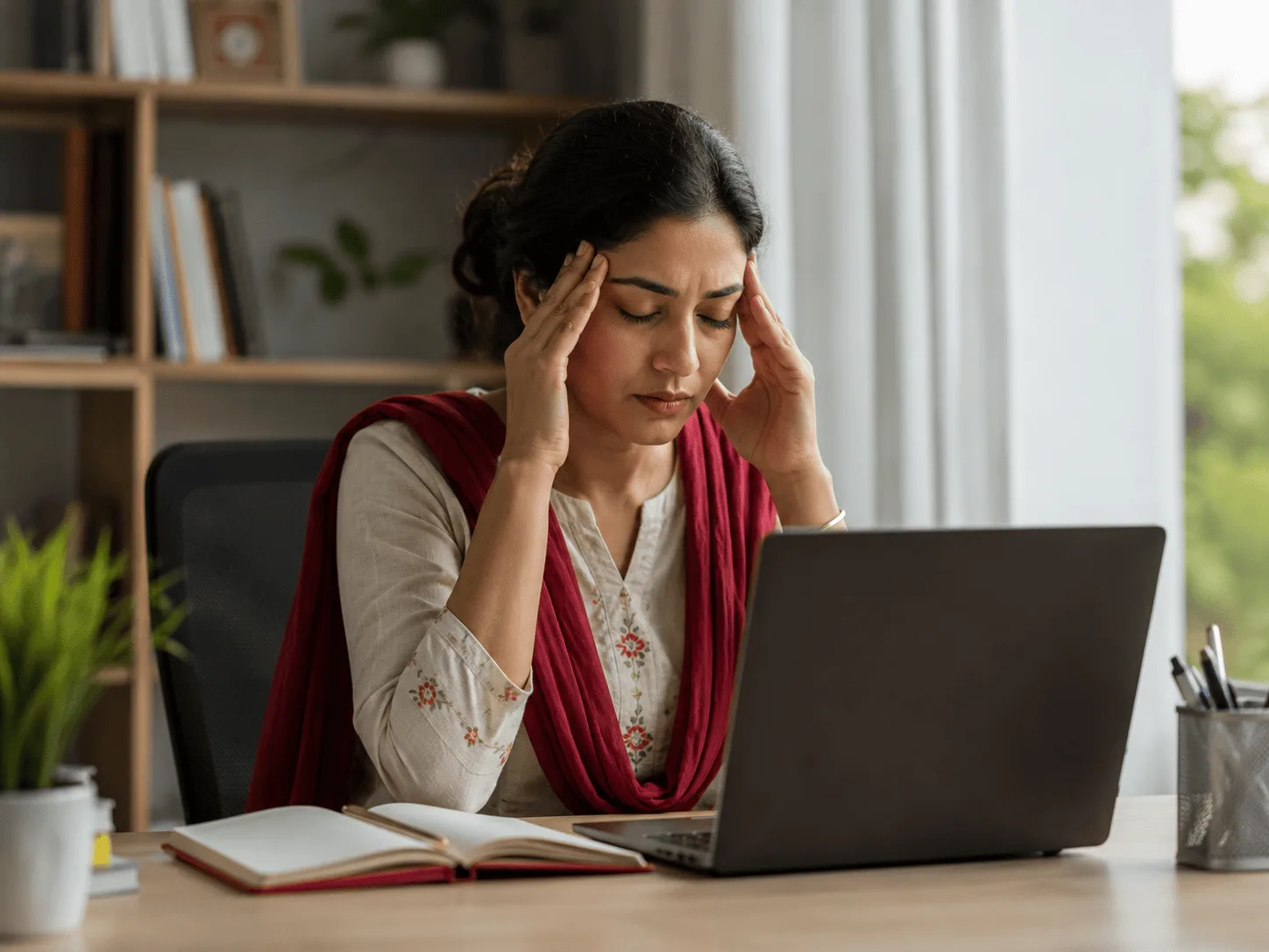 Woman at a desk pressing her temples with eyes closed during a headache