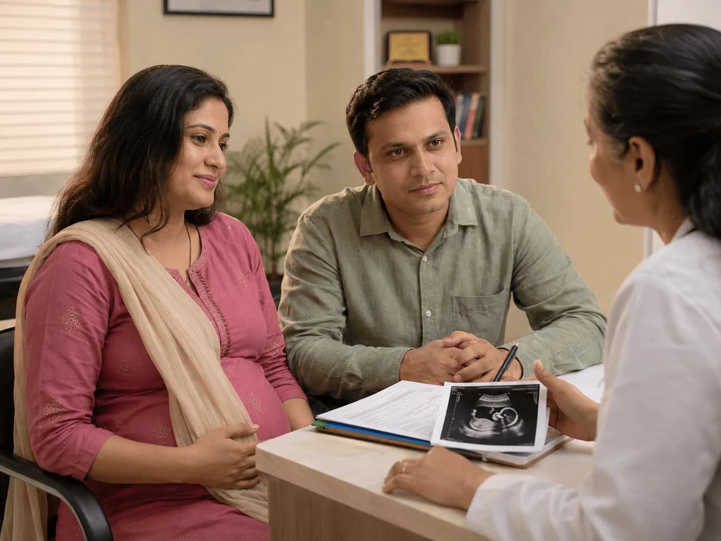 Expecting couple consulting a female doctor with an ultrasound printout on the desk
