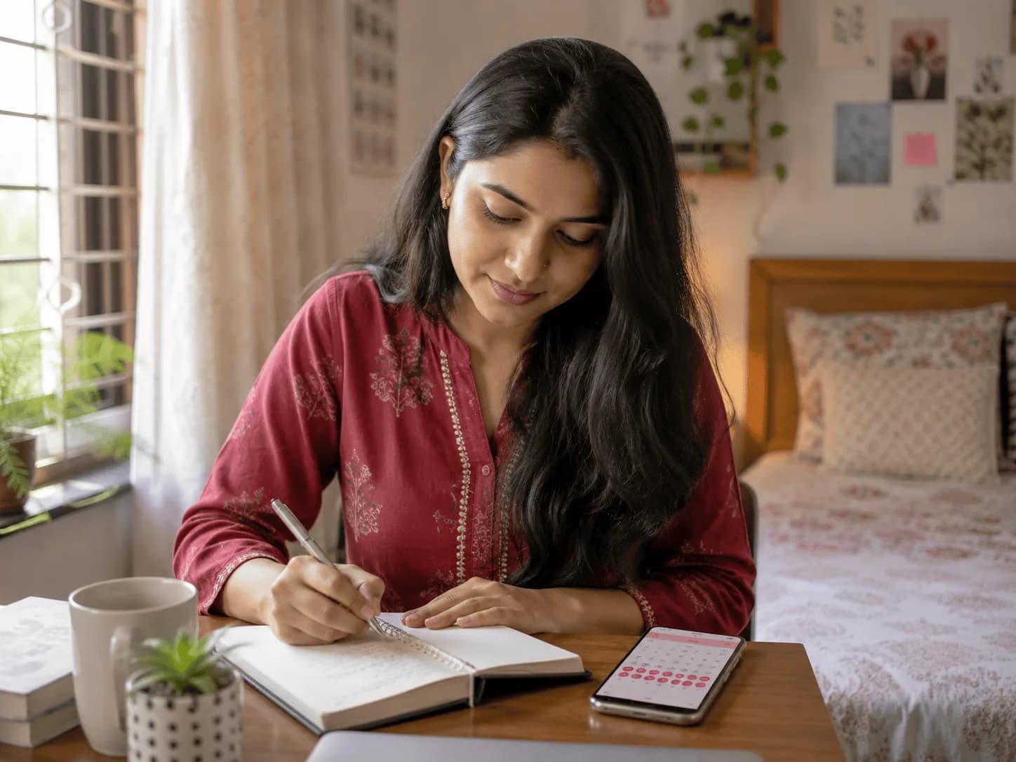 Young woman journaling with a cycle-tracking app open on her phone