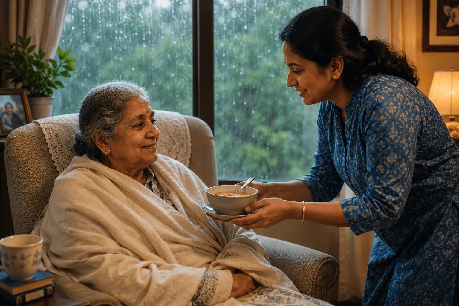 Daughter offering warm soup to her elderly mother resting in an armchair during the rains
