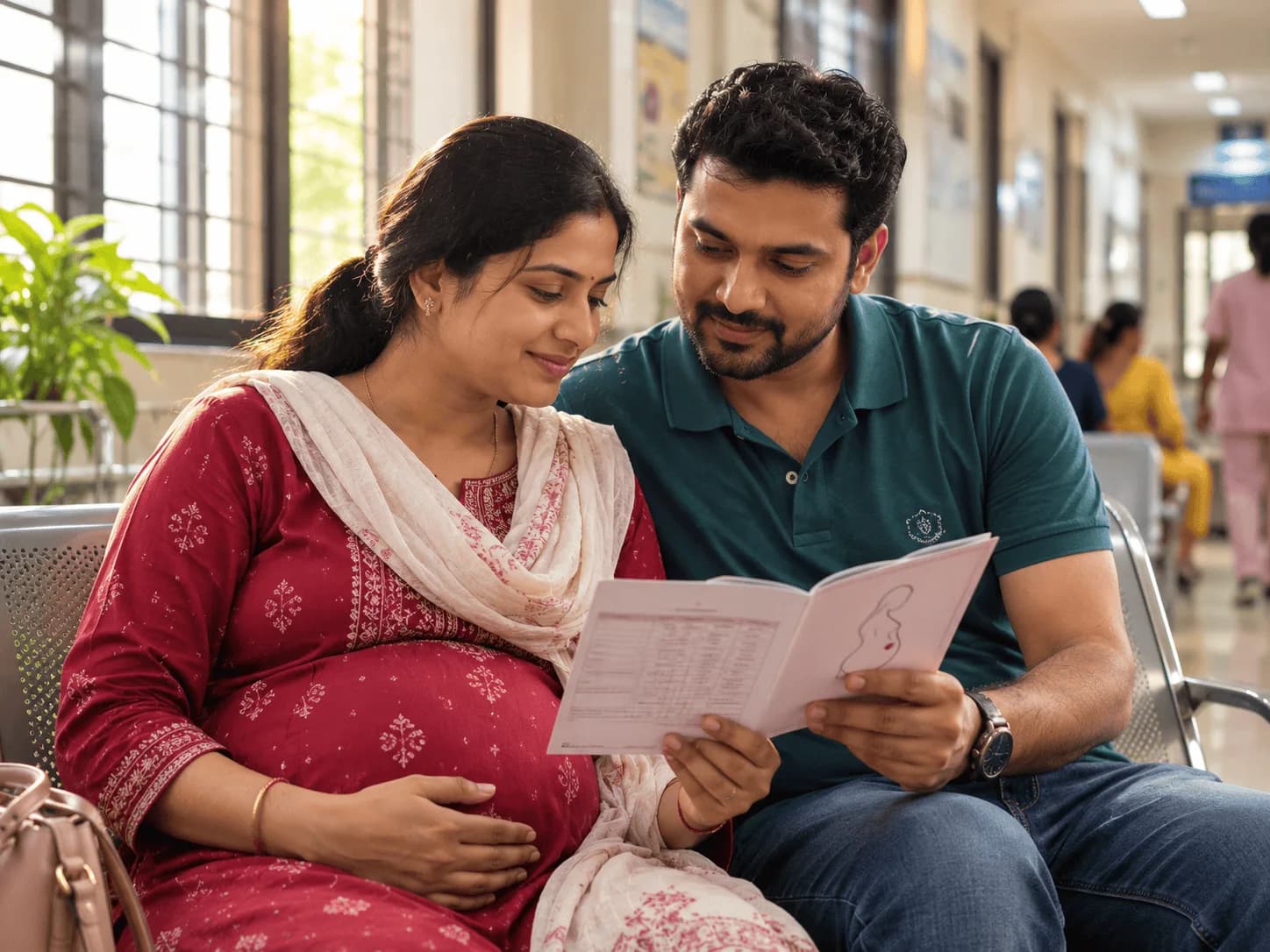 Expecting couple reviewing an antenatal check-up card in a hospital corridor