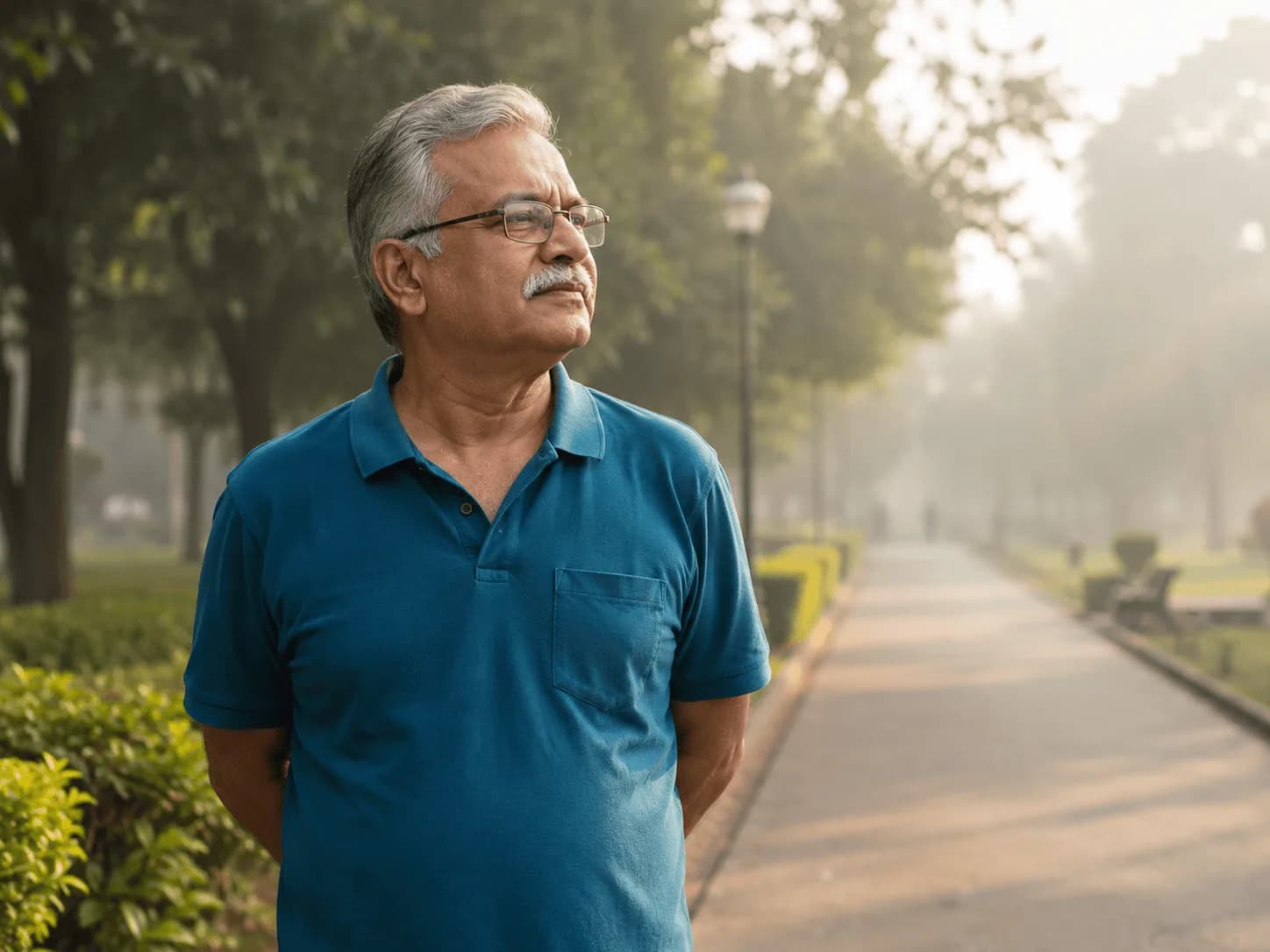 Older man pausing thoughtfully during a morning walk in a park at dawn