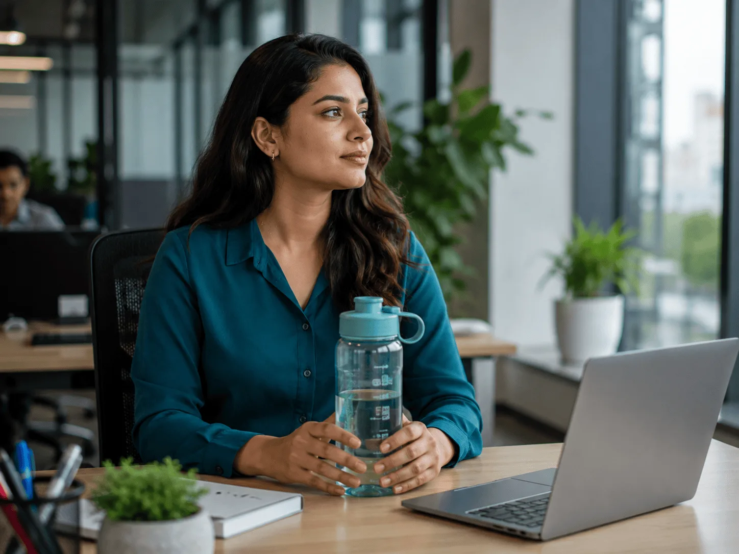 Young working woman at an office desk with a large water bottle, looking resolved