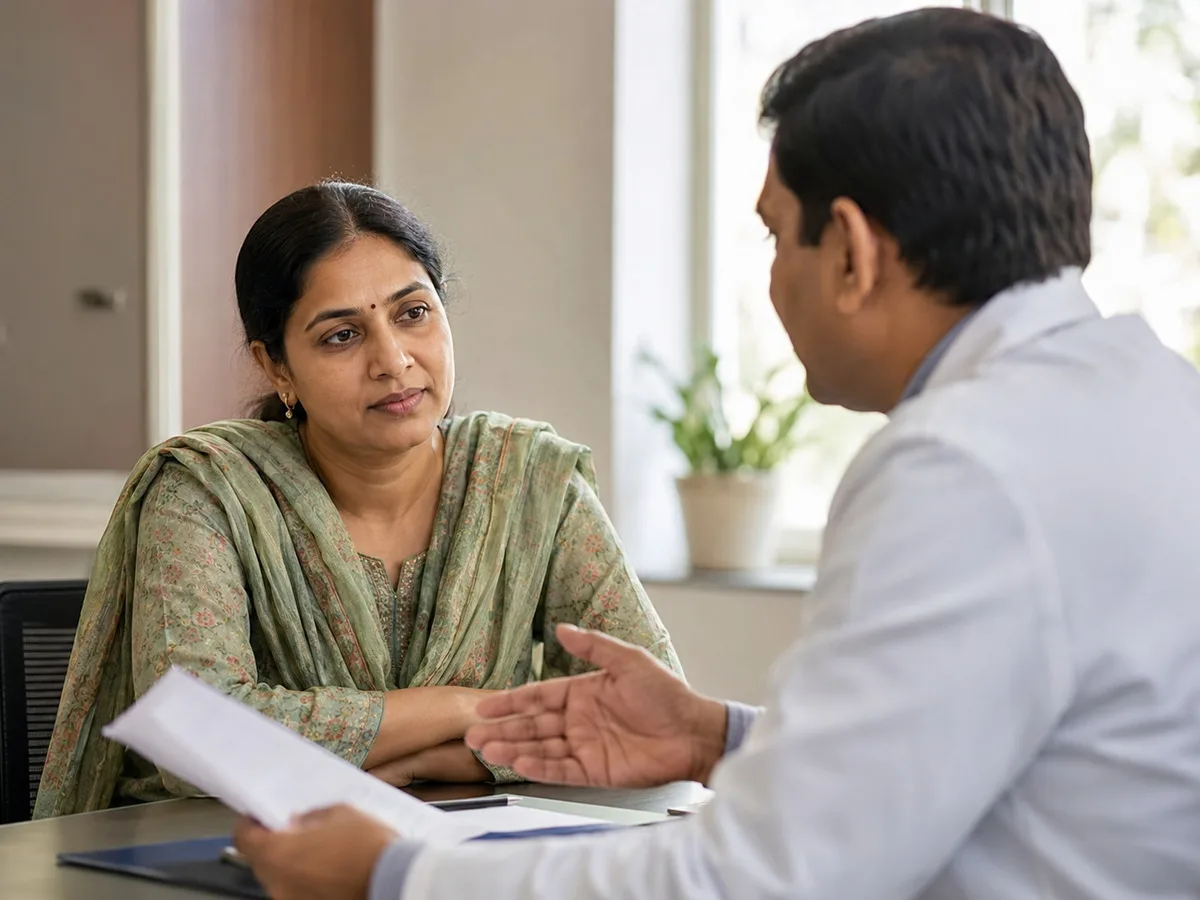Doctor explaining a report across a desk to a woman in her forties in a clinic