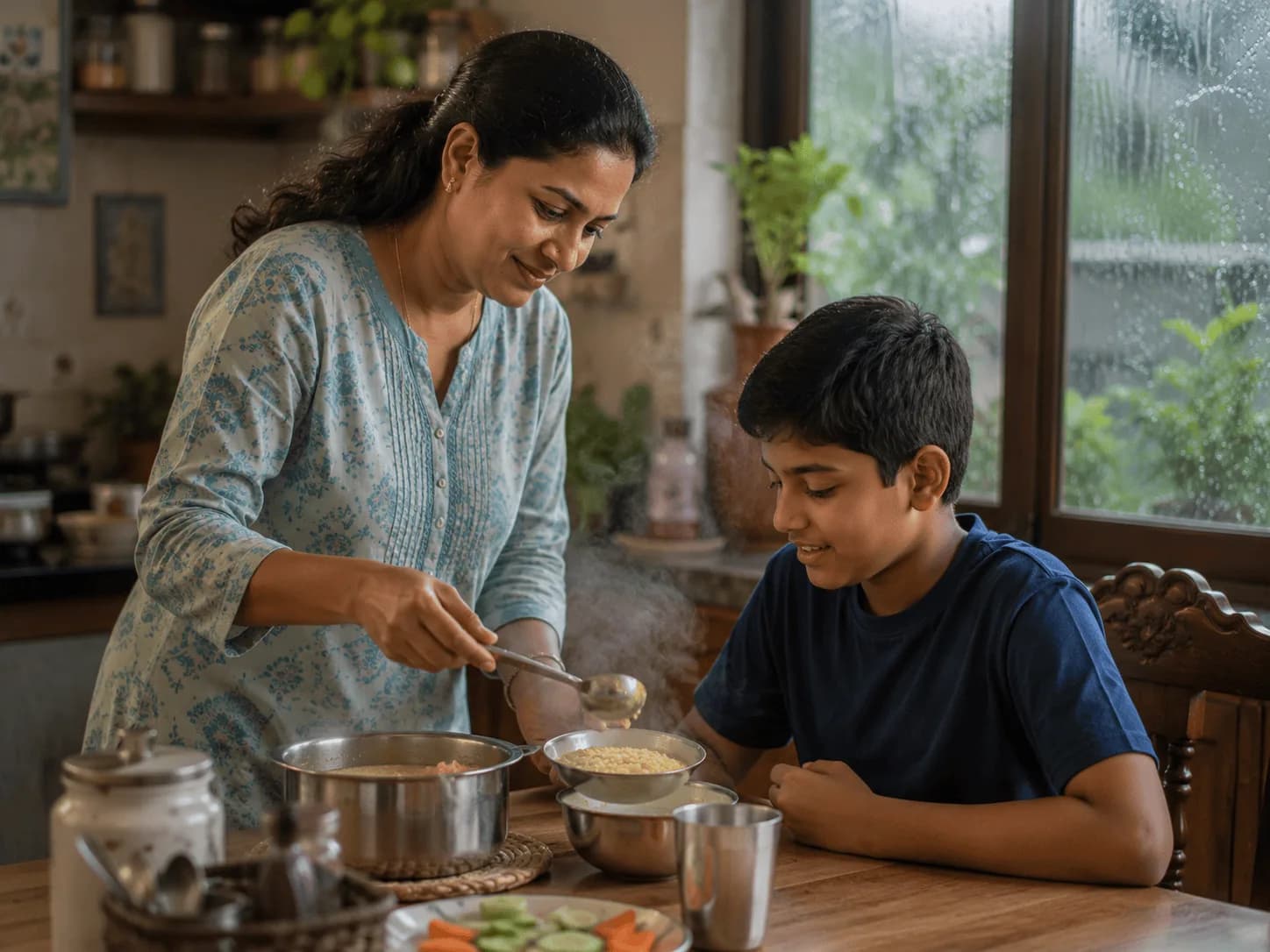 Mother serving fresh dal-rice to a recovering child in a home kitchen during rains